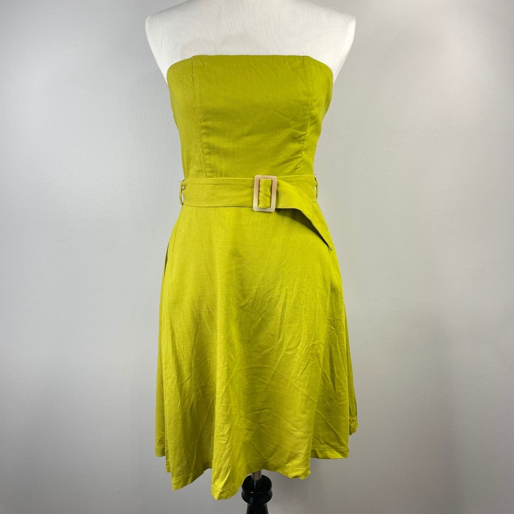 Monteau Los Angeles Womens Strapless Belted Linen‎ Blend Midi Dress Green Size M